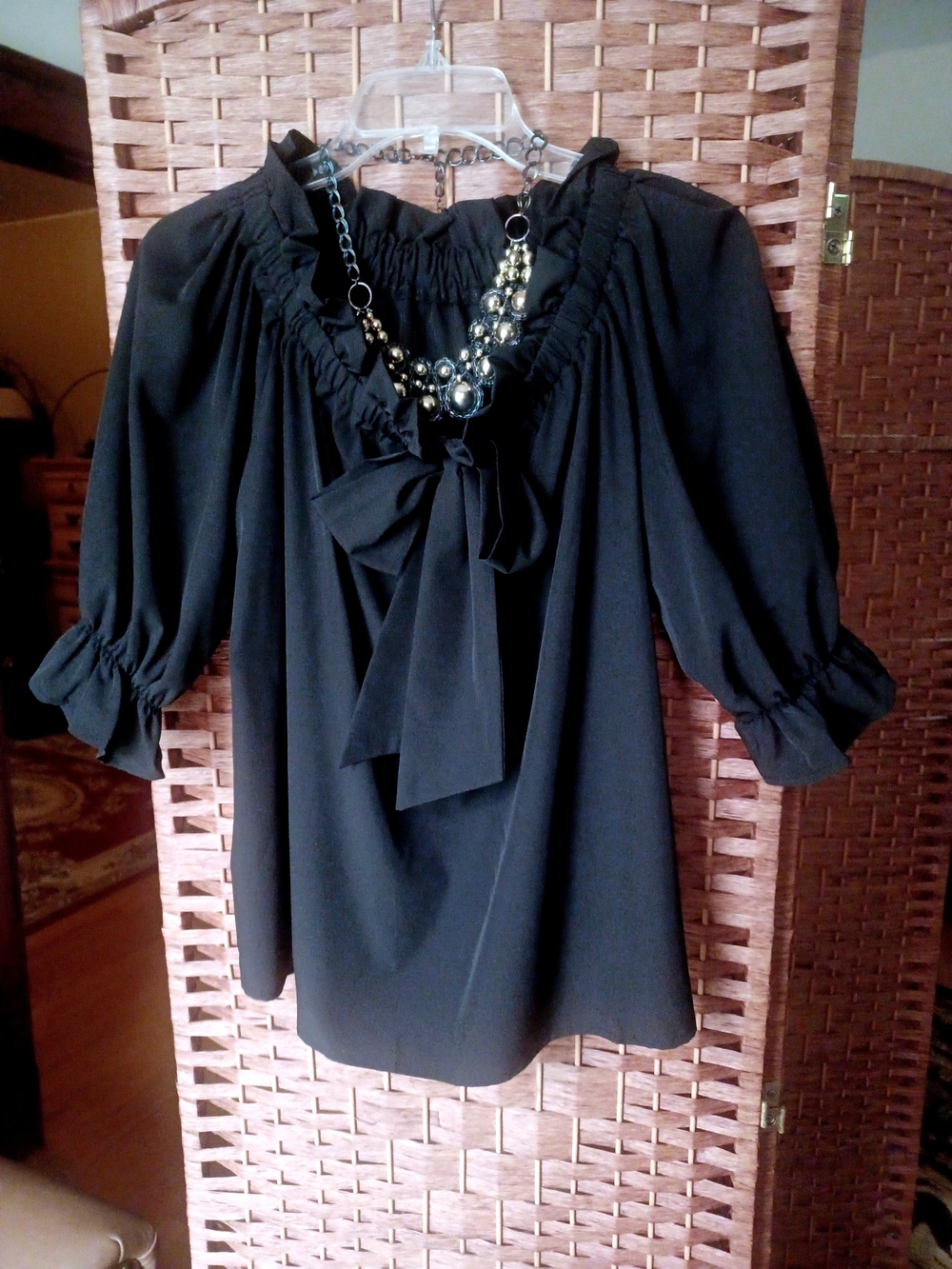 BLACK RUFFLE TIE-NECK PEASANT BLOUSE -(NEW)